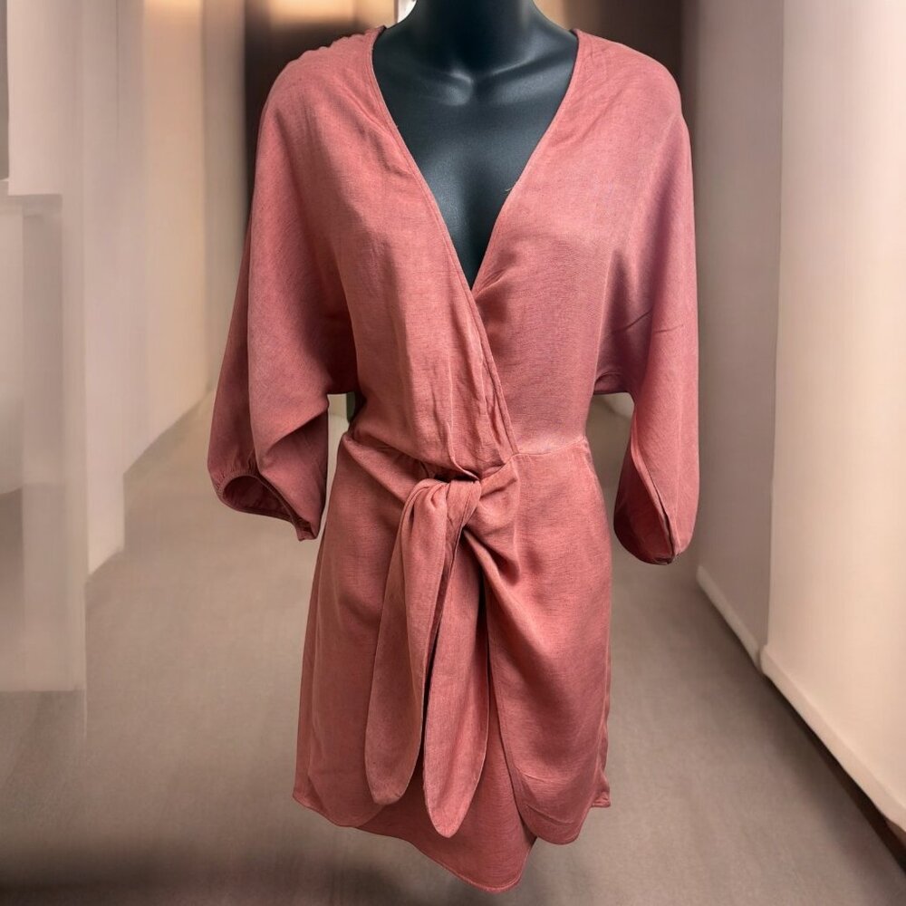 Anthropologie Contessa Pink Puff Sleeve Draped Wrap Cut‎ Out Mini Dress